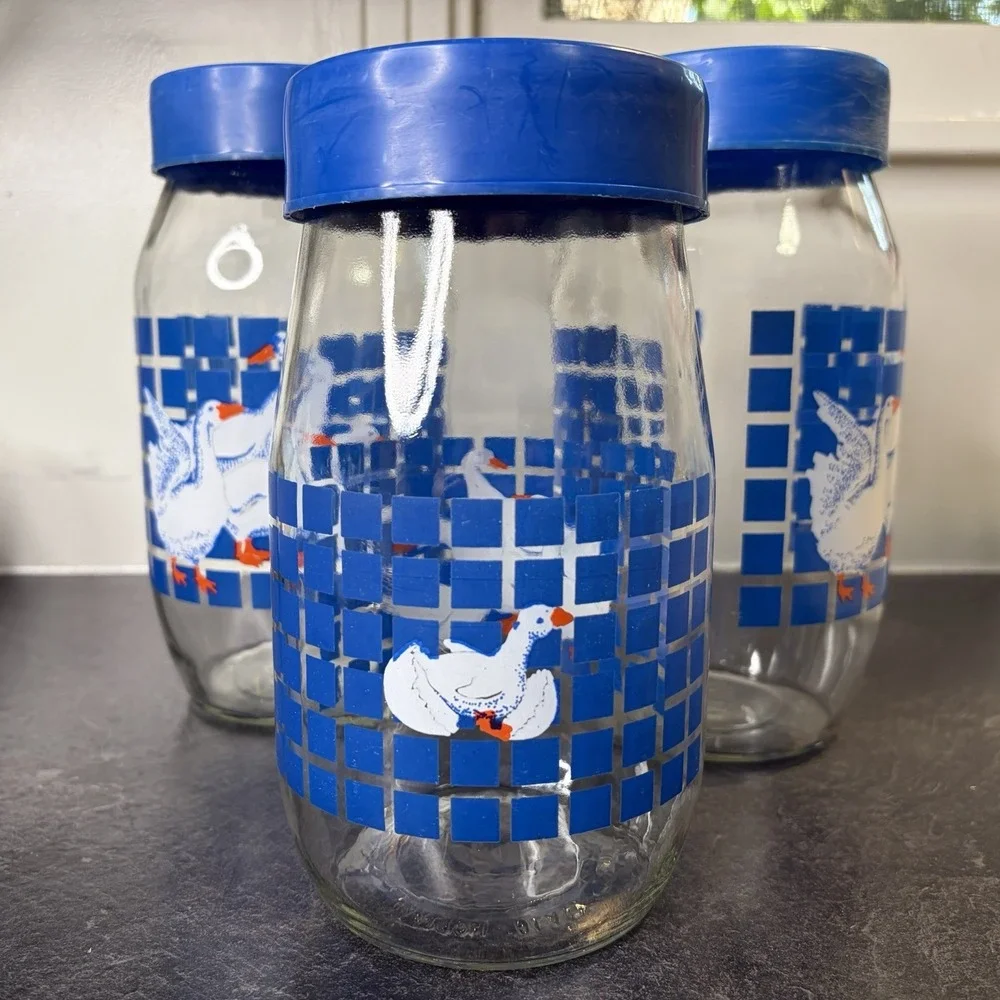Vintage Carlton Glass Country Geese Set Of 3 Canister & Blue Lids 2L & 1.5L